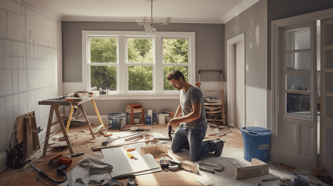 Man kneeling amidst a variety of construction materials in a room under renovation, working on DIY projects for home improvement.