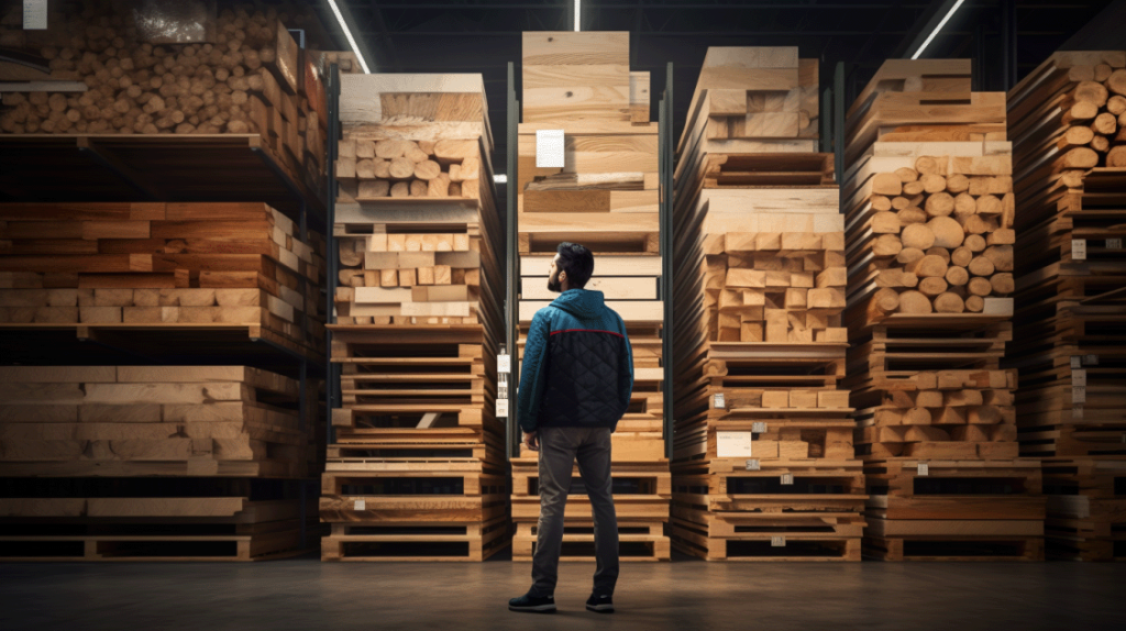 Person carefully examining and choosing from an array of wood planks for a DIY woodworking project.