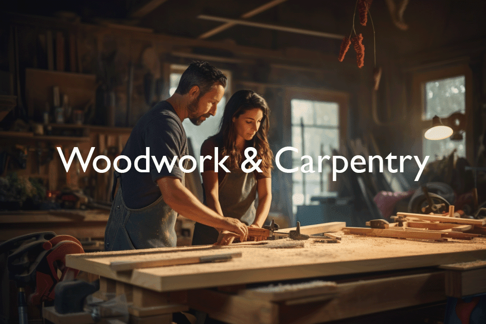 A picture showing a man and a woman engrossed in a woodworking project at a project table, surrounded by tools and wood pieces, representing the essence of woodwork and carpentry.